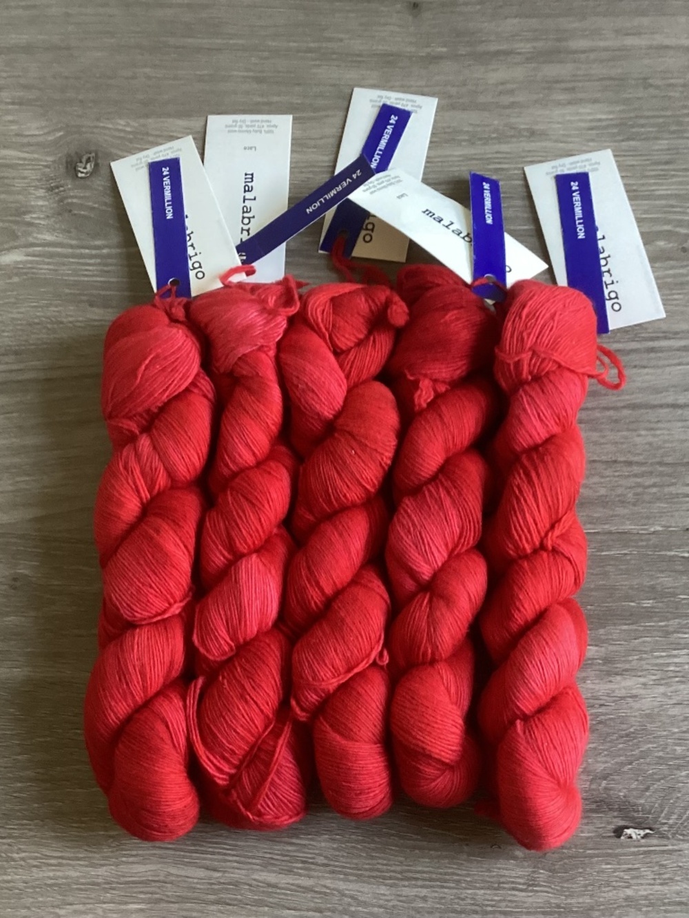 Malabrigo Lace yarn #24 Vermillion Red Lot Of 5 Skeins 100% Baby Merino Wool
